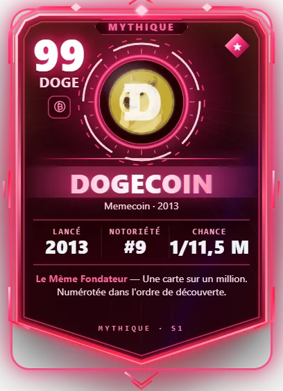 Carte Reflex Dogecoin, version Mythique « Le Mème Fondateur »